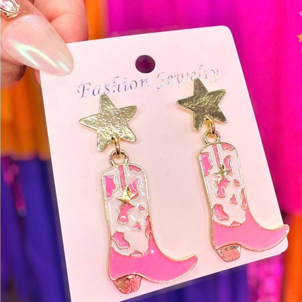 Pink and Gold Star Cowboy Boot Earrings